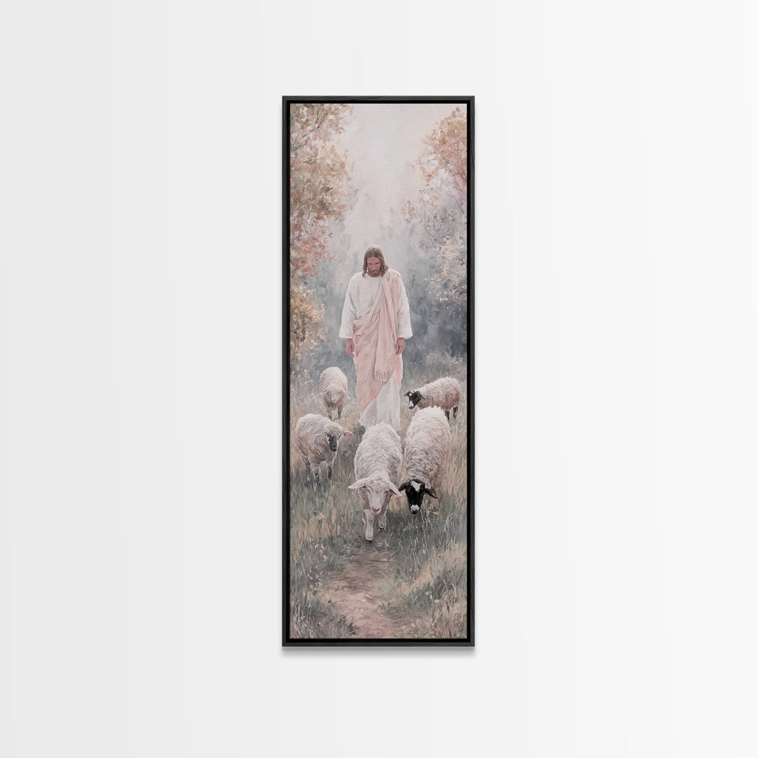 Gentle Shepherd Walk – Framed Canvas Print – Tall Skinny Art Print – Jesus Painting – Christian Art Canvas – Christian Wall Art – Modern Ch