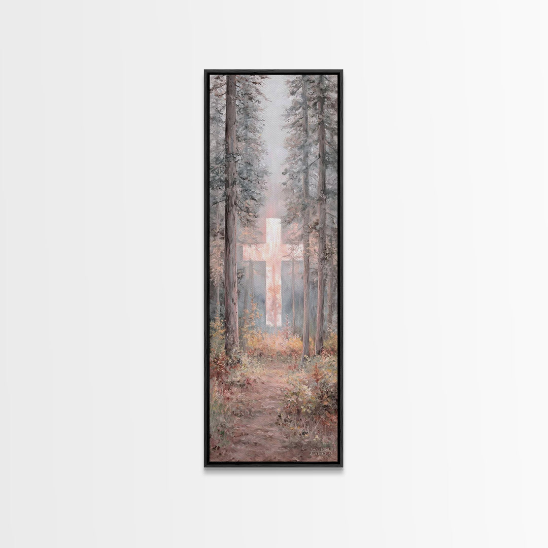 Forest Cross Glow – Framed Canvas Print – Narrow Art – Christian Wall Art – Christian Art Canvas – Christmas Art – Modern Christian Art – C