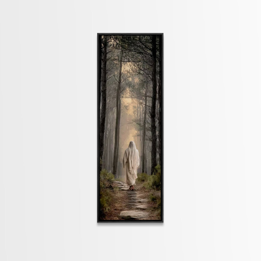 Lighted Woodland Walk | Framed Canvas Print | Narrow Art | Christian Art Canvas | Jesus Painting Canvas | Christmas Art | Christian Gift |