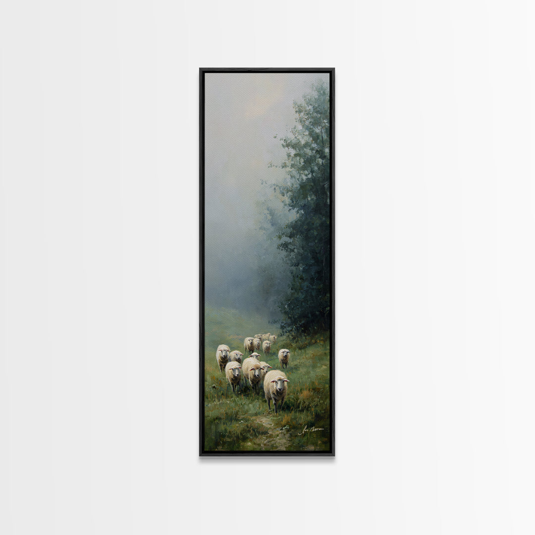 Morning Flock Grace – Framed Canvas Print – Christian Art Canvas – Christian Wall Art – Pastoral Scenery – Subtle Christian Art – Christmas