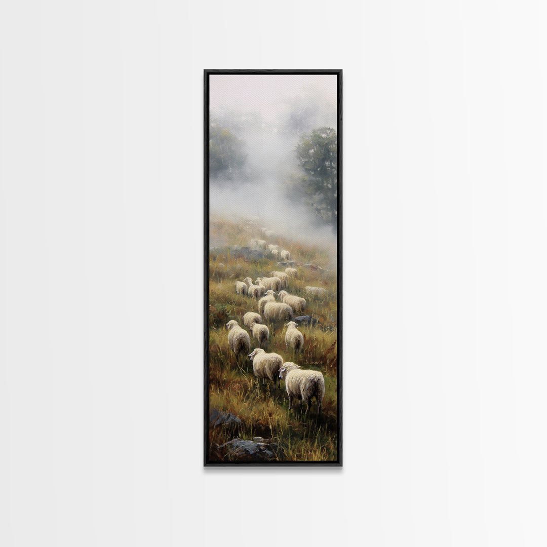 Misty Hills Flock – Framed Canvas Print – Christian Art Canvas – Christian Wall Art – Pastoral Scenery – Moody Christian Art – Christmas Ar