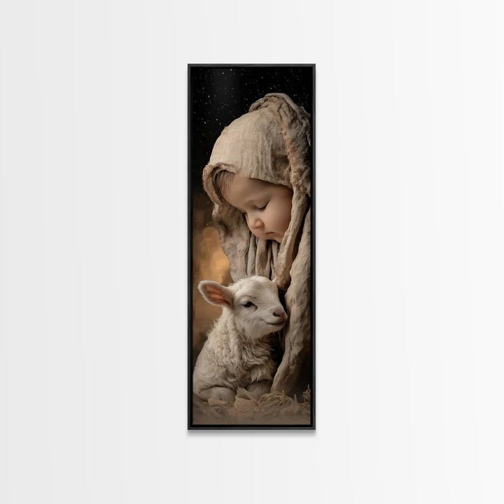 Innocent Trust | Framed Canvas Print | Tall Skinny Art Print | Christian Wall Art | Christian Art Canvas | Christmas Art | Jesus Painting