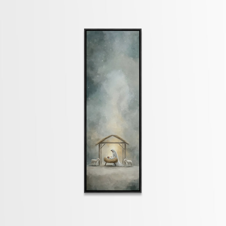 Holy Night Nativity – Framed Canvas Print – Christian Christmas Art – Tall Narrow Wall Art – Christian Art Print – Jesus Painting – Christi
