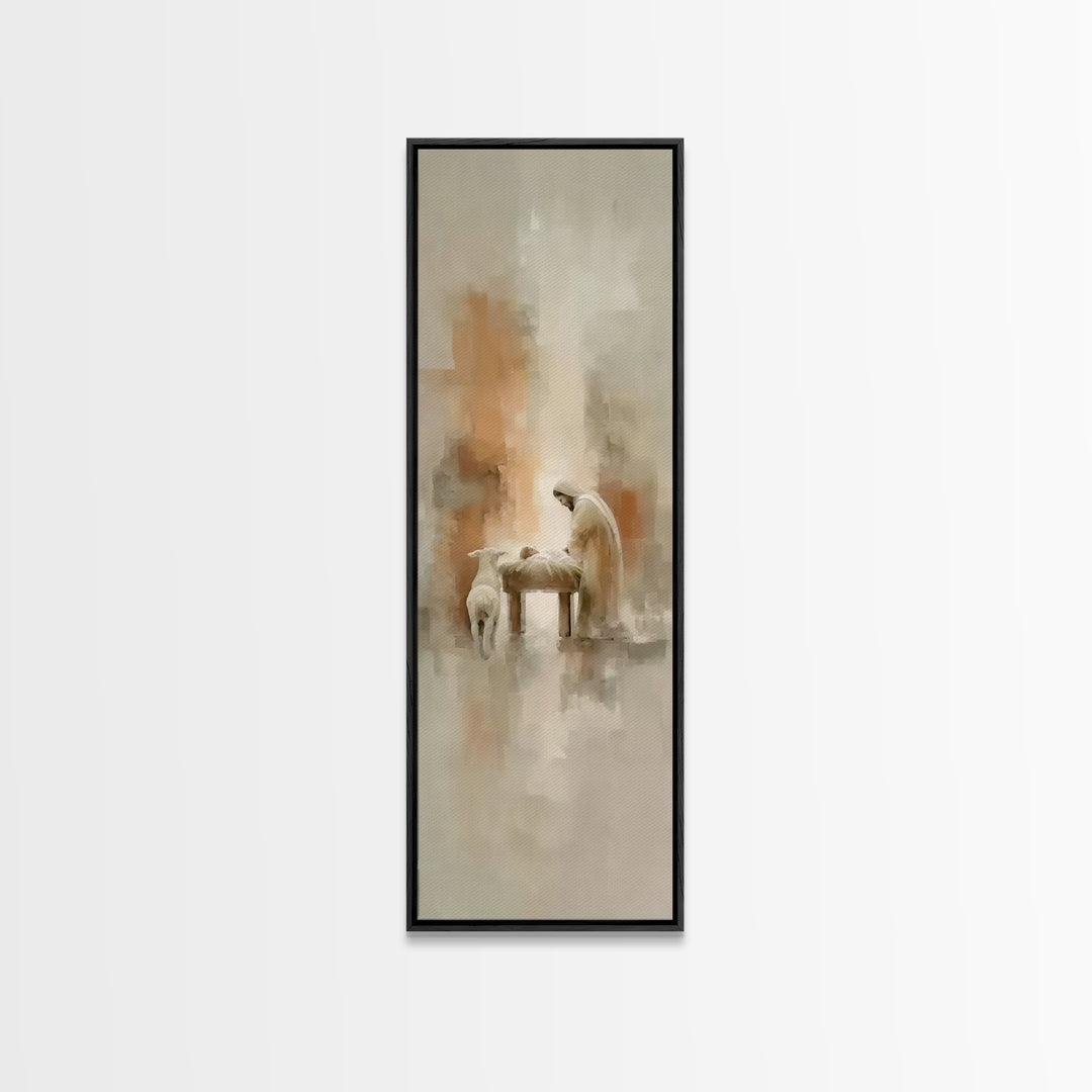 Humble Manger Peace – Framed Canvas Print – Christian Wall Art – Tall Narrow Wall Art – Christian Art Print – Christmas Art – Jesus Paintin