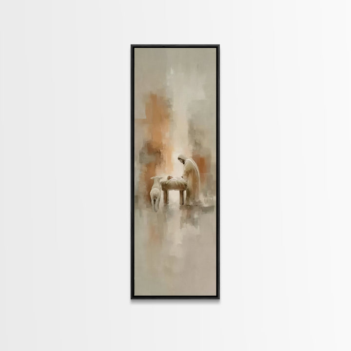 Humble Manger Peace – Framed Canvas Print – Christian Wall Art – Tall Narrow Wall Art – Christian Art Print – Christmas Art – Jesus Paintin