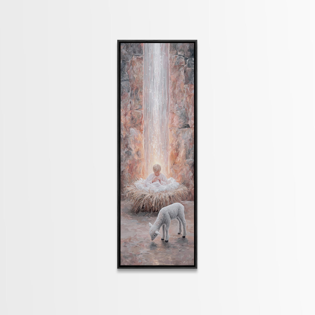 Heavenly Child Light – Framed Canvas Print – Christian Christmas Art – Narrow Art – Jesus Painting – Christian Wall Art – Christmas Canvas