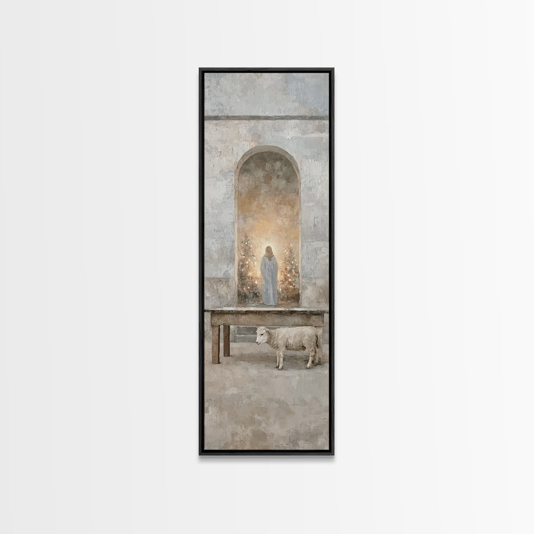 Sacred Hall Nativity – Framed Canvas Print – Christian Art Canvas – Tall Skinny Art Print – Christian Wall Art – Christmas Art – Jesus Pain