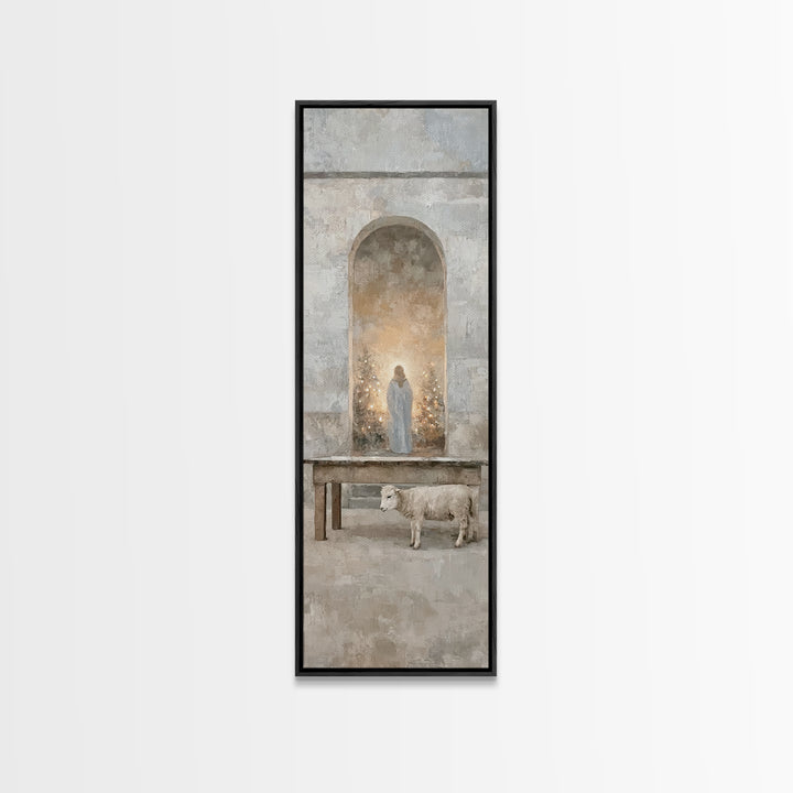 Sacred Hall Nativity – Framed Canvas Print – Christian Art Canvas – Tall Skinny Art Print – Christian Wall Art – Christmas Art – Jesus Pain
