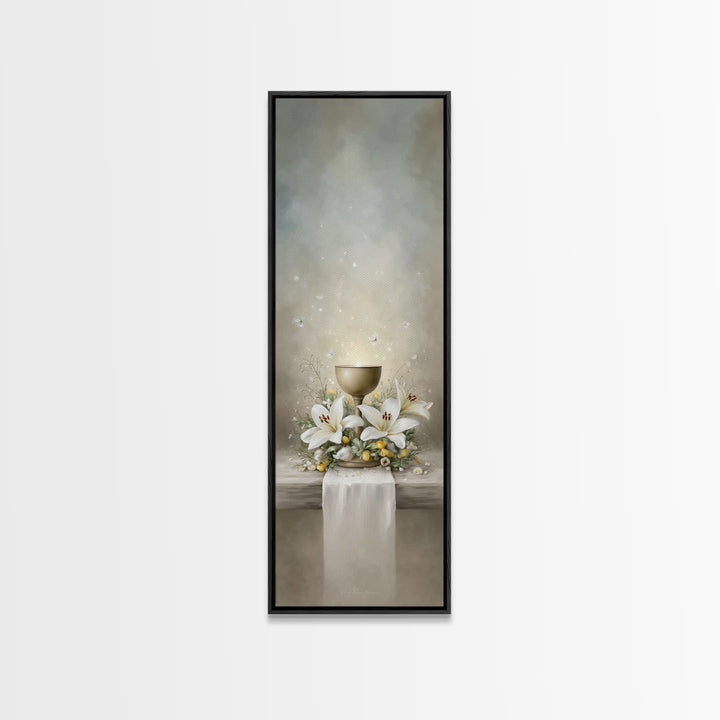 Cross And Lilies | Framed Canvas Print | Narrow Art | Christian Art | Christian Wall Art | Christmas Art | Jesus Painting | Bible Art