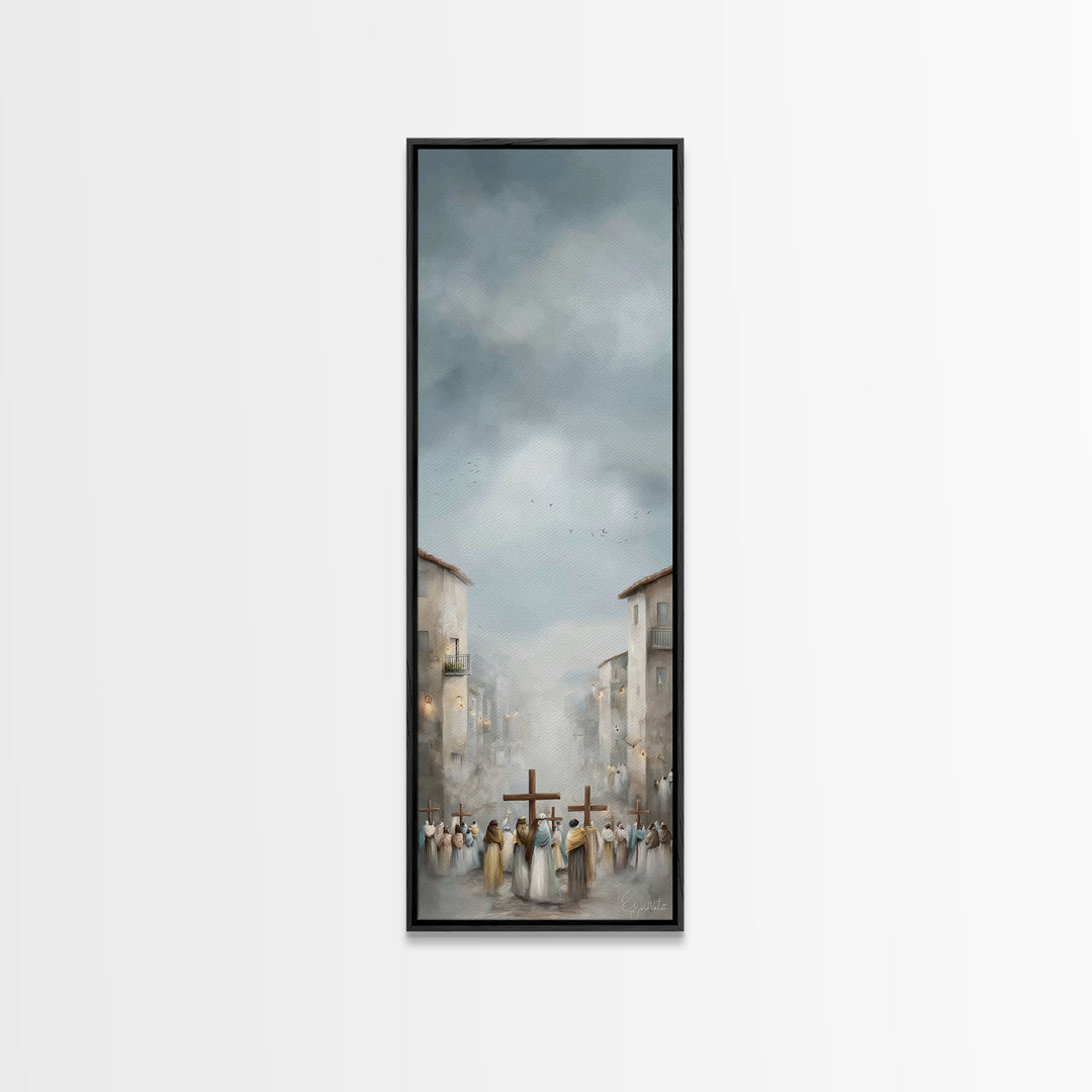 Pilgrims At Dawn – Framed Canvas Print – Narrow Art – Christian Art Work – Christian Christmas Art – Subtle Christian Art