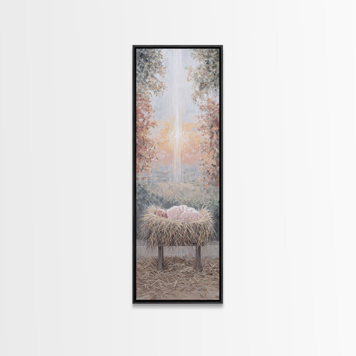 Sacred Birth Glow – Framed Canvas Print – Christian Christmas Art – Christian Wall Art – Christmas Art Canvas – Skinny Art – Christian Art