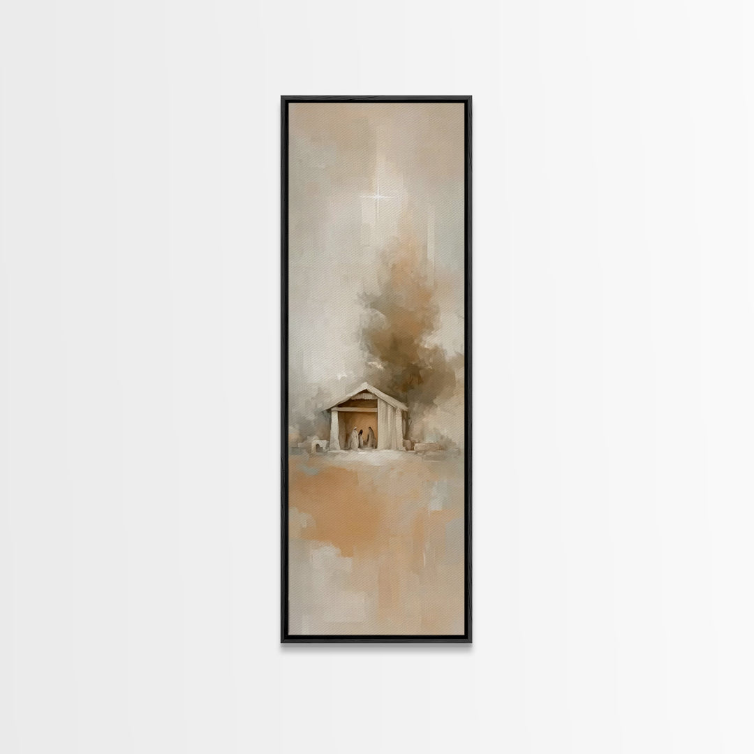 Humble Manger – Framed Canvas Print – Christian Wall Art – Christian Art – Christmas Art – Narrow Art – Christian Art Canvas