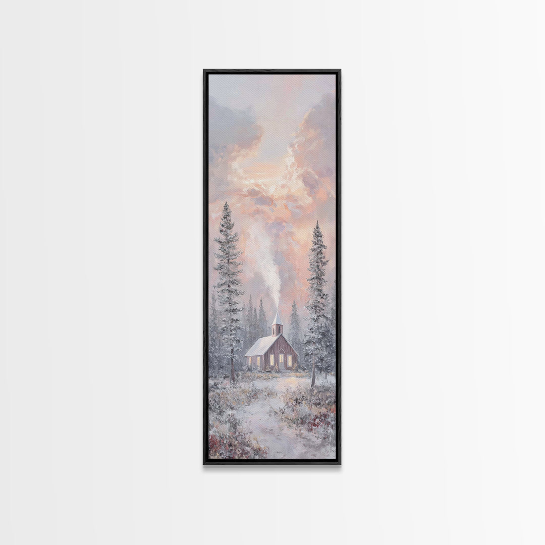 Frosted Dawn Chapel – Framed Canvas Print – Christian Art – Christian Wall Art – Tall Skinny Art Print – Christmas Art – Christian Art Canv