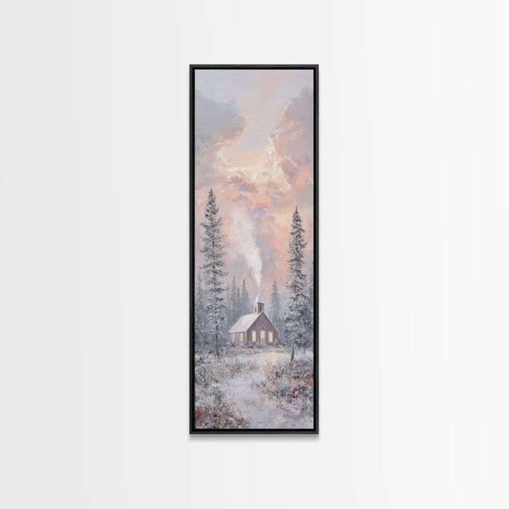Frosted Dawn Chapel – Framed Canvas Print – Christian Art – Christian Wall Art – Tall Skinny Art Print – Christmas Art – Christian Art Canv
