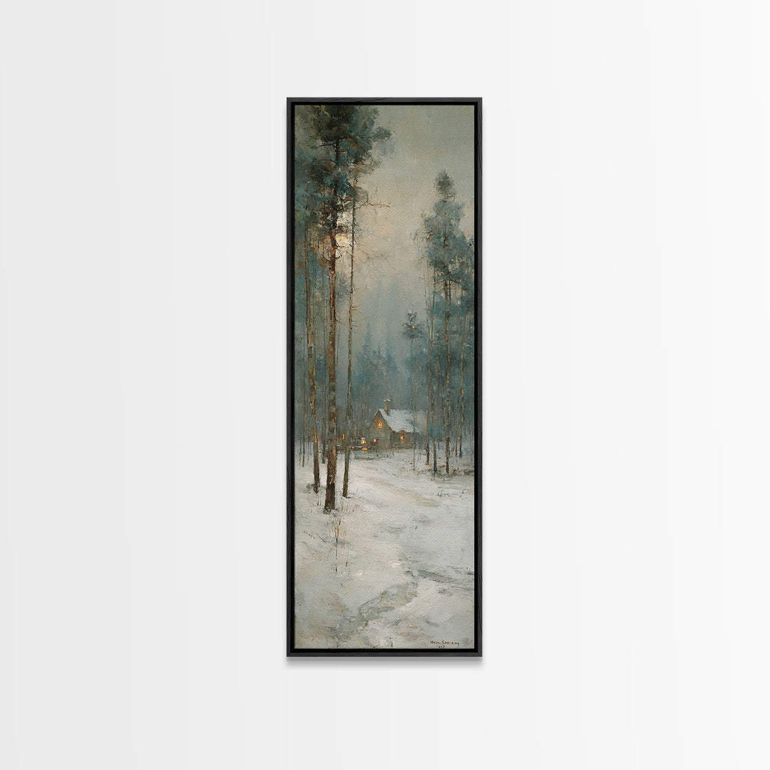 Snowfall Chapel Dawn | Framed Canvas Print | Christian Christmas Art | Narrow Art | Christmas Art Framed | Christian Wall Art | Christmas A