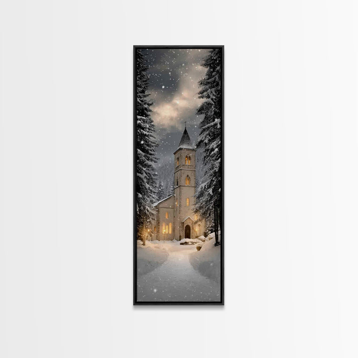 Snowfall Chapel Light – Framed Canvas Print – Tall Narrow Wall Art – Christian Wall Art – Christmas Art – Christian Christmas Décor – Moder