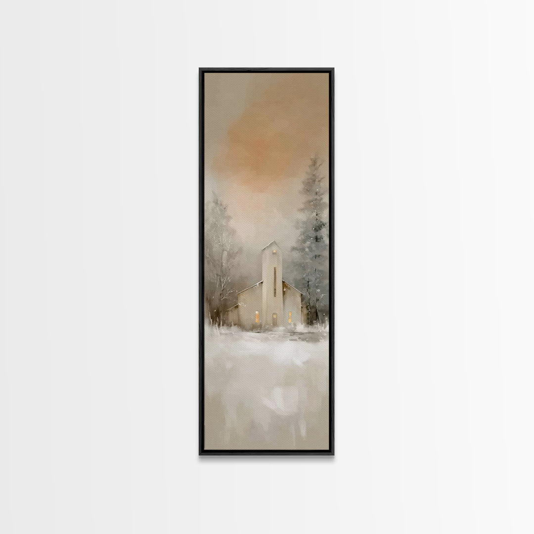 Evening Chapel Calm, Framed Canvas Print, Skinny Art, Christian Wall Art, Christian Christmas Art, Christmas Art Work, Framed Christian Art
