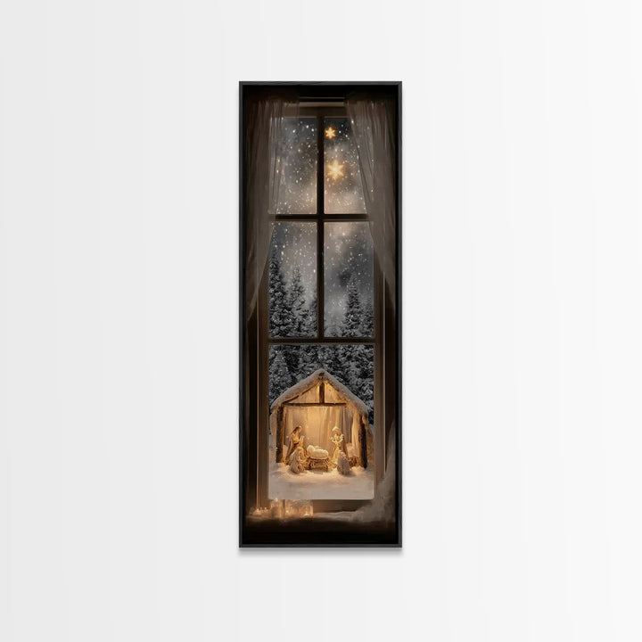 Silent Winter Nativity – Framed Canvas Print – Christmas Art – Christian Christmas Decor – Tall Narrow Wall Art – Christian Art Canvas