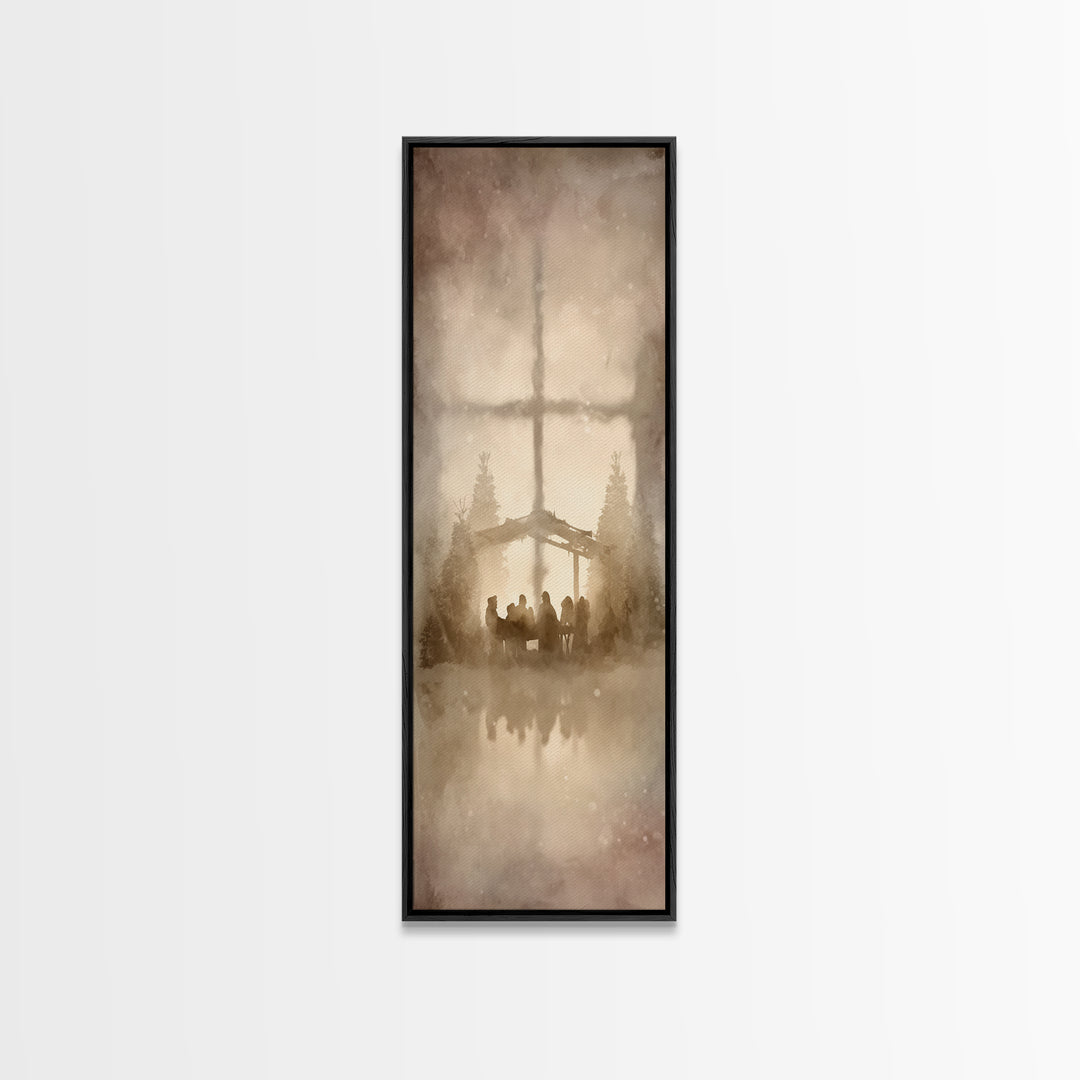 Nativity Dawn Glow | Framed Canvas Print | Christian Christmas Art | Christmas Wall Art | Skinny Art | Christian Art Work | Christmas Art P
