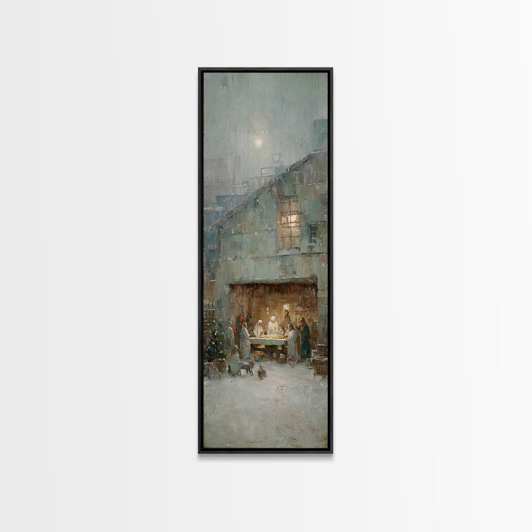 Humble Stable Night – Framed Canvas Print – Christmas Wall Art – Christian Art Canvas – Tall Skinny Art Print – Vintage Christmas Art