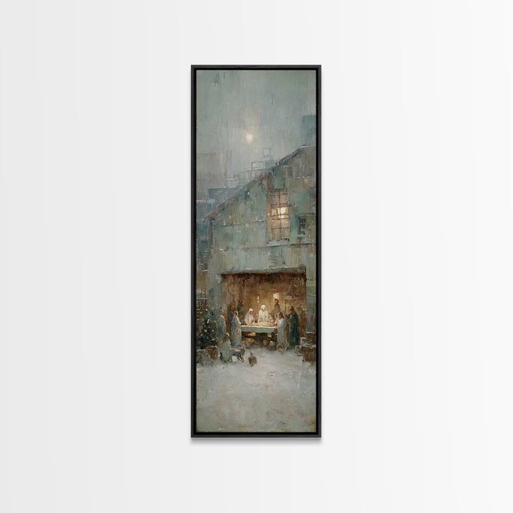 Humble Stable Night – Framed Canvas Print – Christmas Wall Art – Christian Art Canvas – Tall Skinny Art Print – Vintage Christmas Art