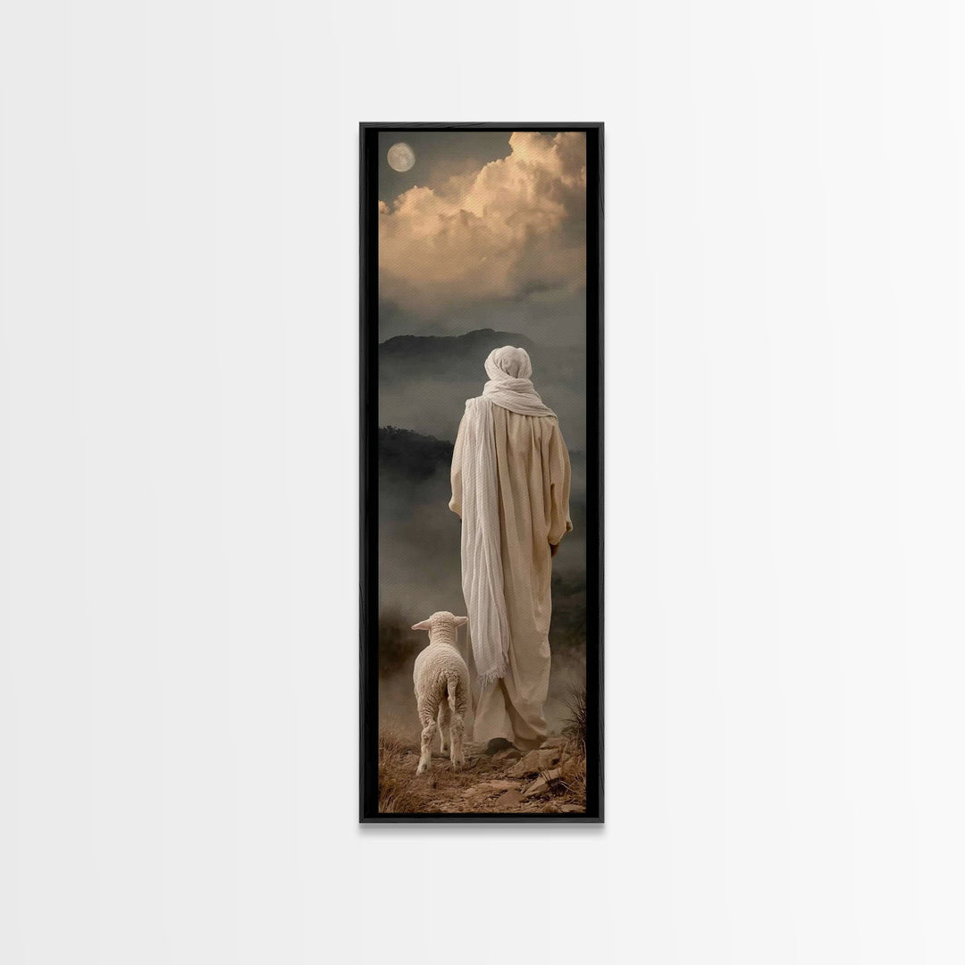 Moonlit Guide – Framed Canvas Print – Tall Skinny Art Print – Christian Art – Jesus Painting – Moody Christmas Art – Christian Decor