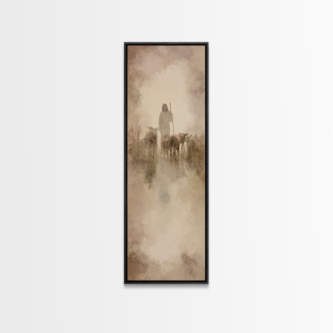 Graceful Shepherd Path, Framed Canvas Print, Christian Wall Art, Jesus Painting, Christian Art Canvas, Skinny Art, Christian Christmas Art