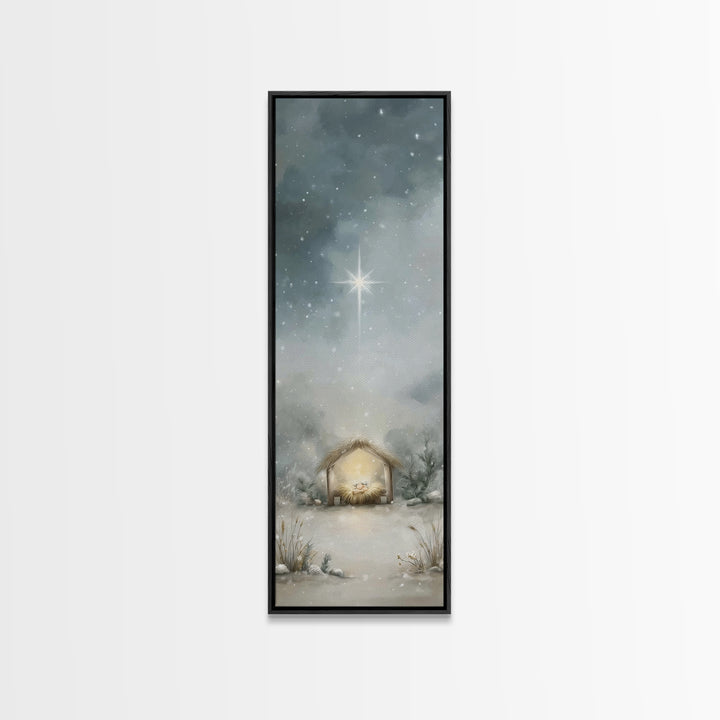 Silent Manger Light - Framed Canvas Print - Christian Christmas Art - Christian Wall Art - Christmas Art - Narrow Art - Christian Art Canva