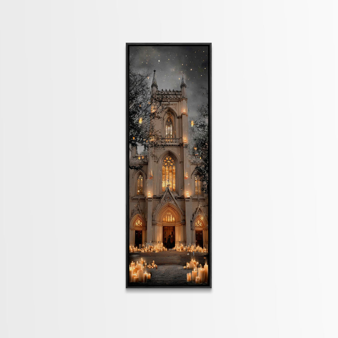 Midnight Cathedral Light – Framed Canvas Print – Tall Narrow Wall Art – Christian Wall Art – Christmas Art – Christian Art Canvas – Christi