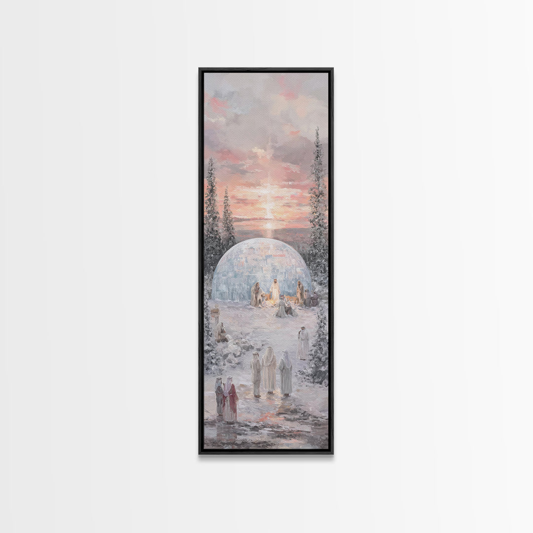 Winter Nativity Gathering - Framed Canvas Print - Christian Art Canvas - Christian Wall Art - Christmas Art - Narrow Art - Christian Christ