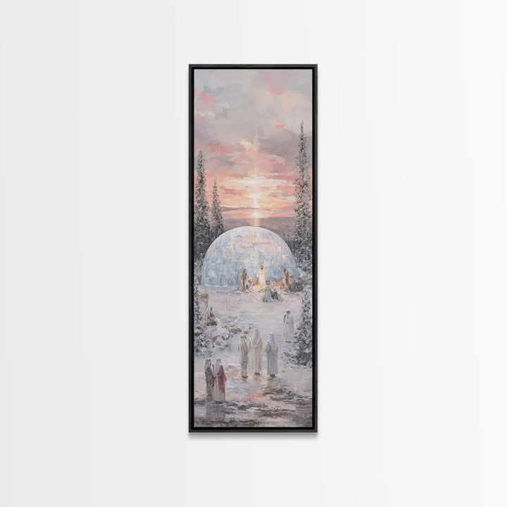 Winter Nativity Gathering - Framed Canvas Print - Christian Art Canvas - Christian Wall Art - Christmas Art - Narrow Art - Christian Christ