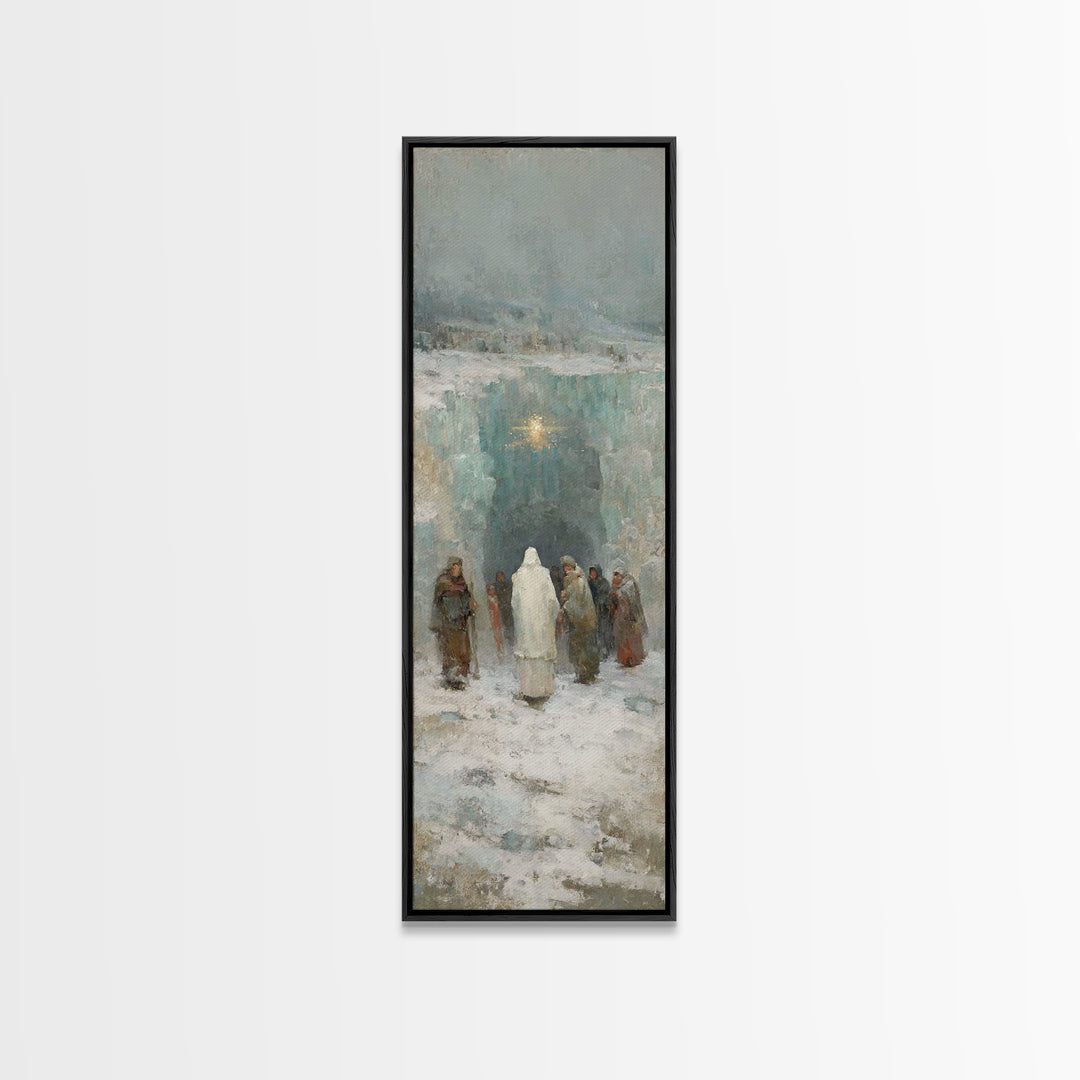 Frozen Cave Nativity | Framed Canvas Print | Christian Christmas Art | Christian Art Canvas | Christian Wall Art | Tall Narrow Wall Art | C