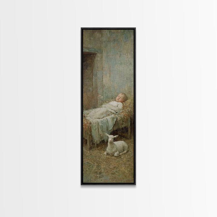 Gentle Stable Rest – Framed Canvas Print – Skinny Art – Christian Art Print – Vintage Christian Art – Christmas Wall Art
