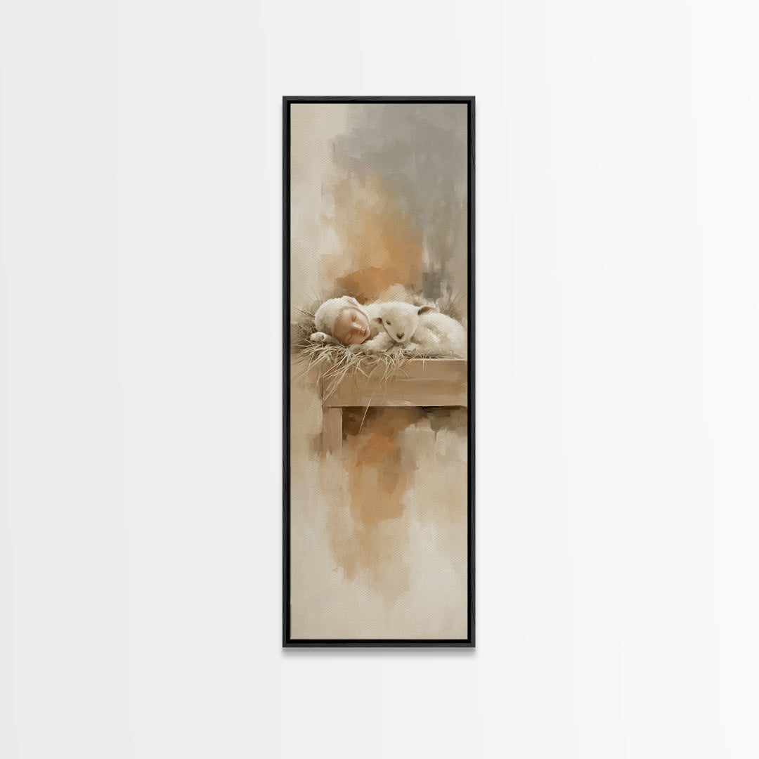 Soft Lamb Blessing – Framed Canvas Print – Tall Narrow Wall Art – Christian Art Prints – Christian Christmas Art – Jesus Painting