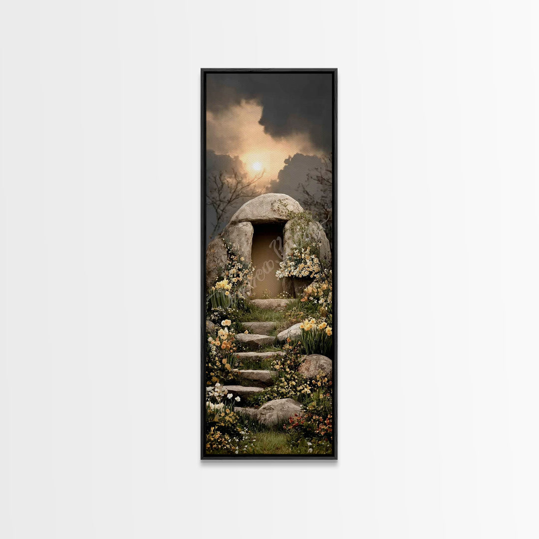 Sunset Tomb Grace – Framed Canvas Print – Jesus Painting – Christian Wall Art – Christian Art Canvas – Skinny Art – Christian Christmas Art