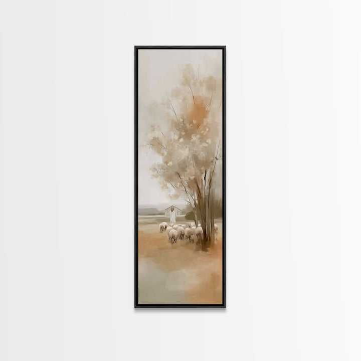 Shepherd Meadow Peace – Framed Canvas Print – Christian Art Canvas – Jesus Painting – Christian Wall Art – Tall Skinny Art Print