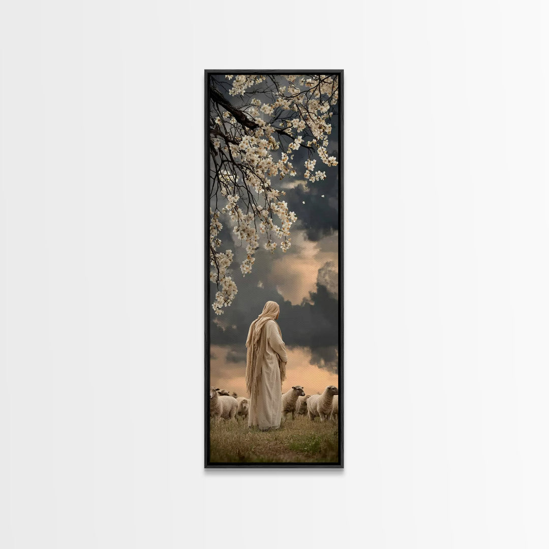 Quiet Shepherd Light, Framed Canvas Print, Christian Art Print, Jesus Wall Art, Skinny Art, Christian Christmas Decor, Christian Painting