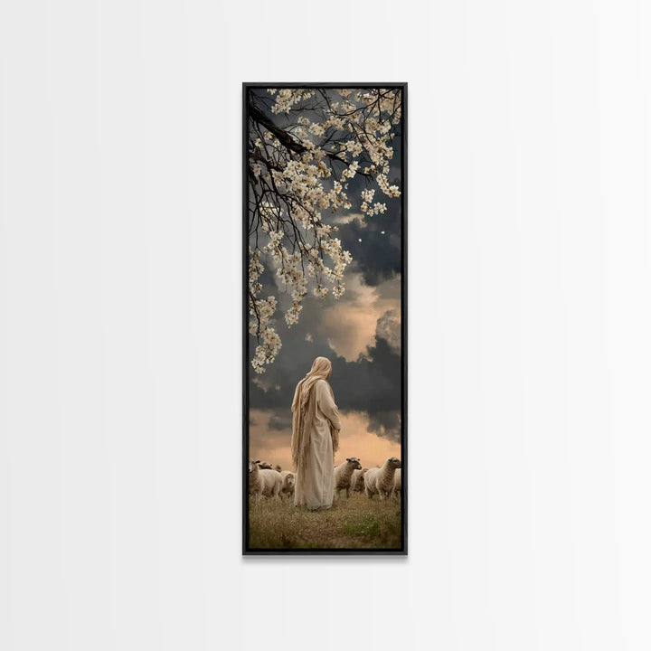 Quiet Shepherd Light, Framed Canvas Print, Christian Art Print, Jesus Wall Art, Skinny Art, Christian Christmas Decor, Christian Painting