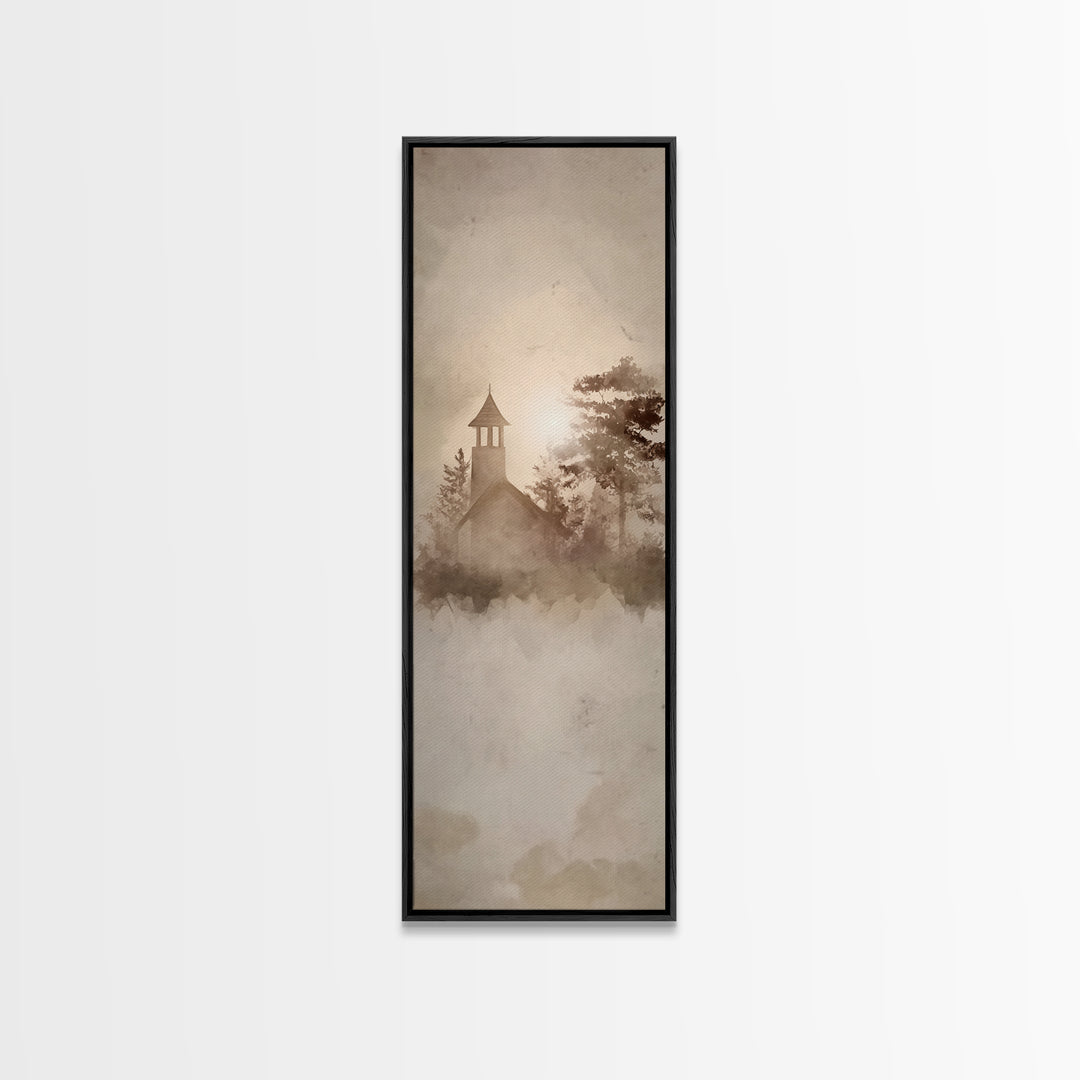 Dawn Chapel Stillness, Framed Canvas Print, Christian Wall Art, Minimalist Christian Art, Tall Skinny Art Print, Christian Decor, Christmas