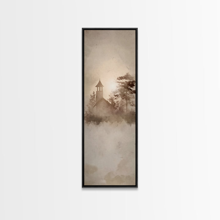 Dawn Chapel Stillness, Framed Canvas Print, Christian Wall Art, Minimalist Christian Art, Tall Skinny Art Print, Christian Decor, Christmas