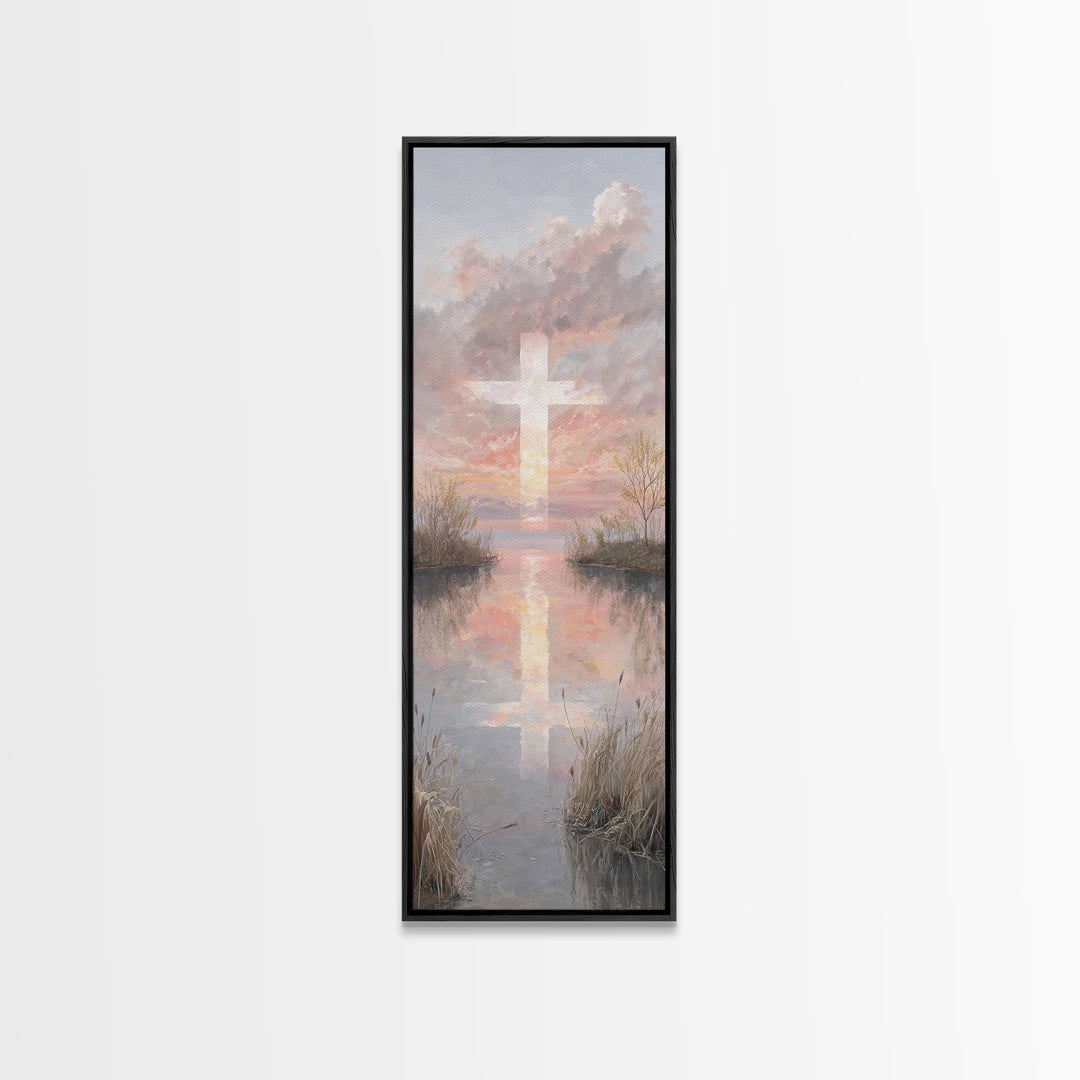 Sunset Cross Glory, Framed Canvas Print, Christian Wall Art, Christian Art Canvas, Tall Narrow Wall Art, Christian Christmas Art, Modern Ch