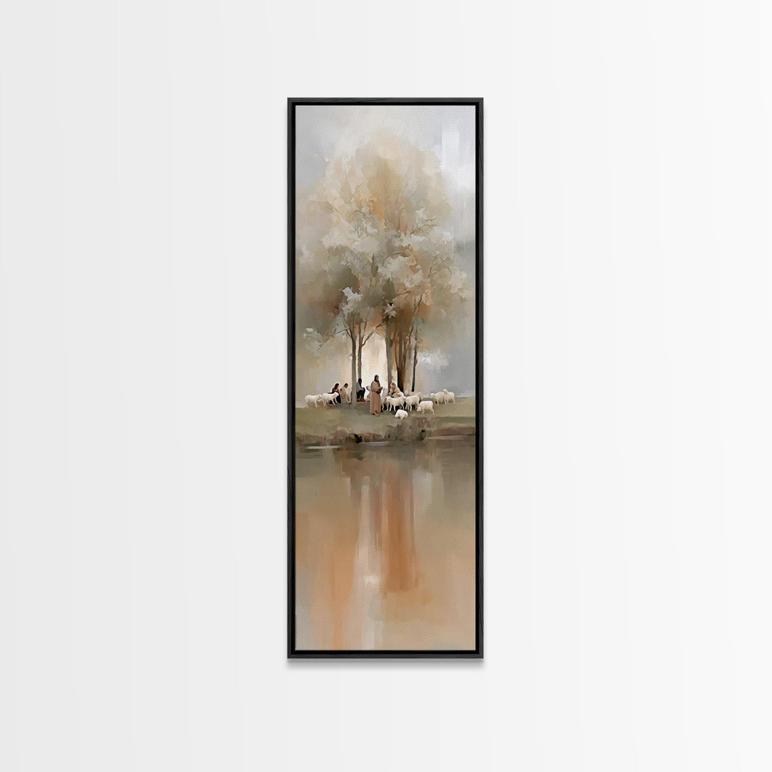 Morning Pasture Calm | Framed Canvas Print | Tall Skinny Art Print | Christian Wall Art | Jesus Painting | Christian Art Canvas | Christmas