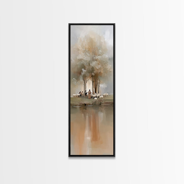 Morning Pasture Calm | Framed Canvas Print | Tall Skinny Art Print | Christian Wall Art | Jesus Painting | Christian Art Canvas | Christmas