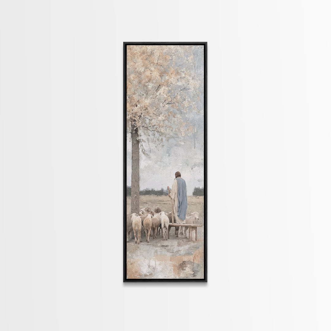 Riverside Shepherd Calm, Framed Canvas Print, Tall Narrow Wall Art, Christian Art Canvas, Jesus Painting, Christian Christmas Art, Christia