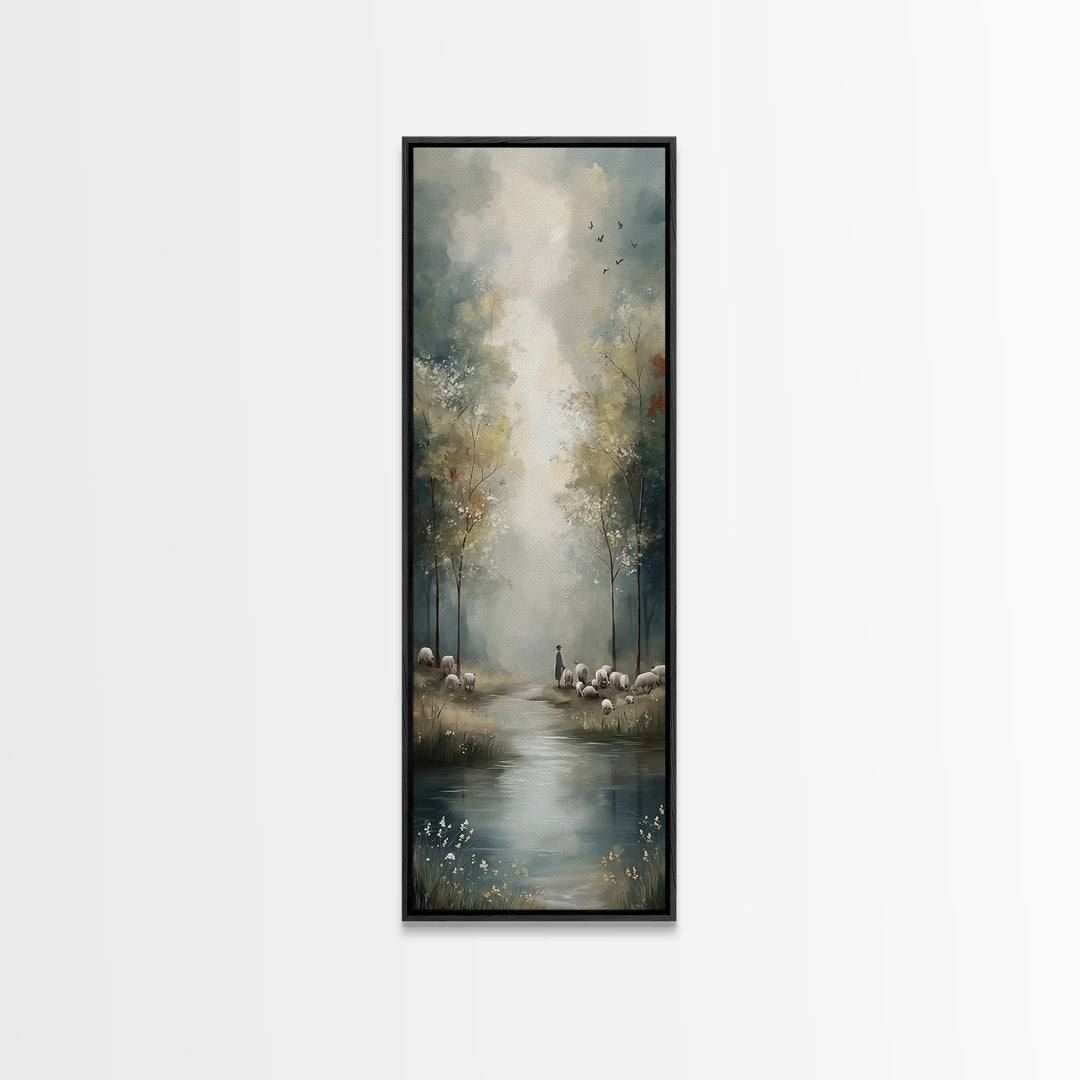 Pastoral Stillness, Framed Canvas Print, Narrow Art, Christian Wall Art, Jesus Painting, Christian Art Canvas, Christmas Art