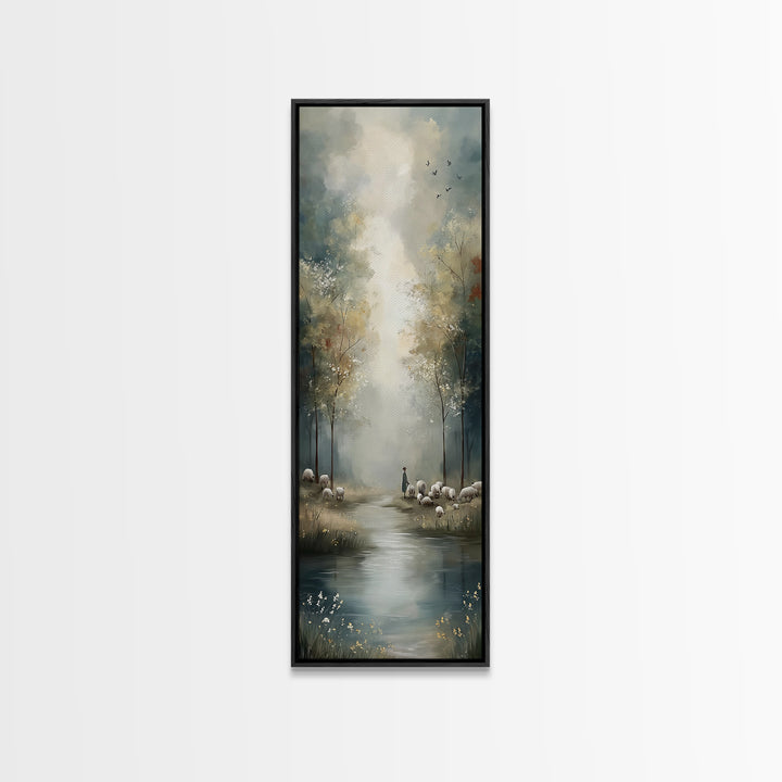 Pastoral Stillness, Framed Canvas Print, Narrow Art, Christian Wall Art, Jesus Painting, Christian Art Canvas, Christmas Art