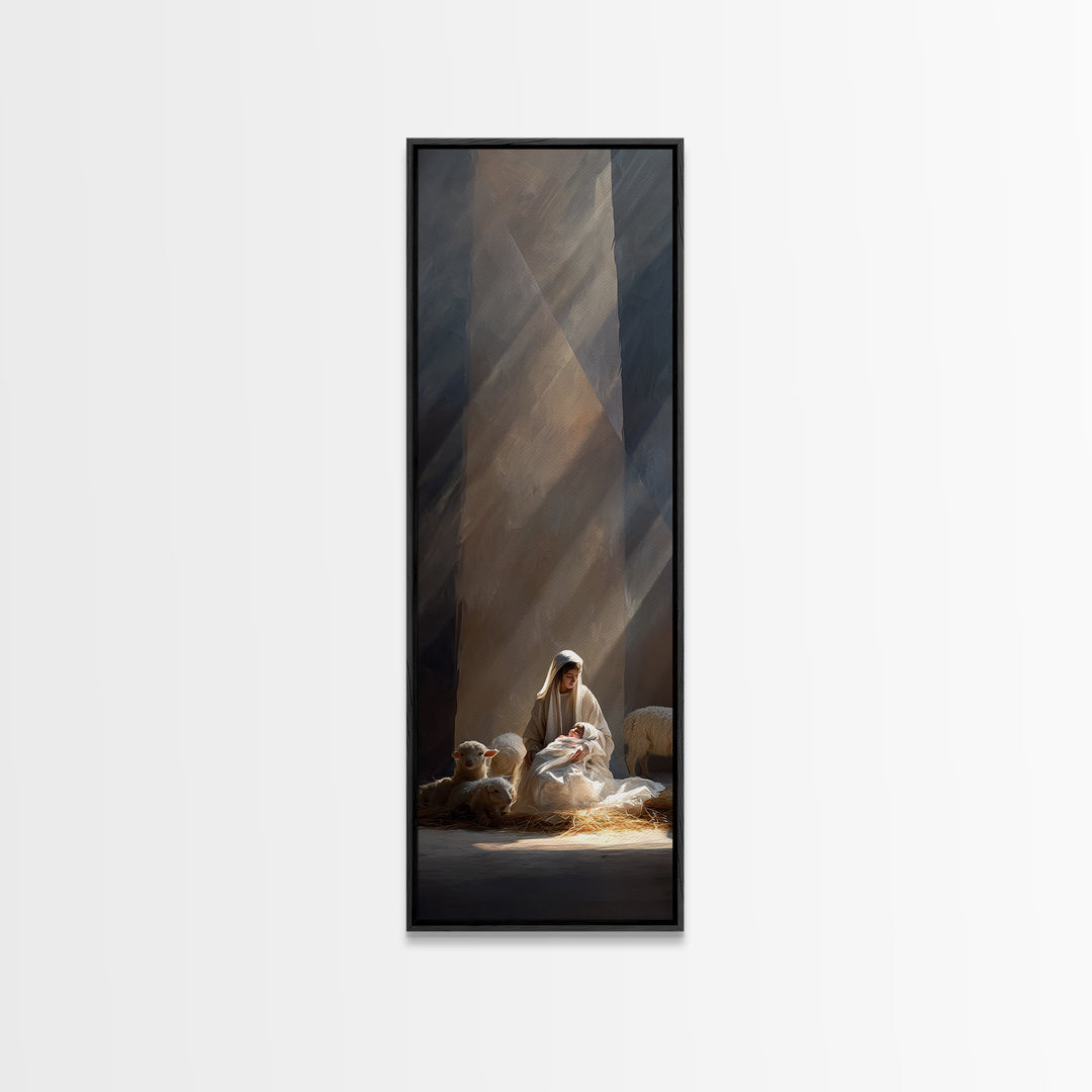 Blessed Nativity Light – Framed Canvas Print – Tall Skinny Art Print – Christian Christmas Art – Christian Wall Art – Christmas Canvas Wall