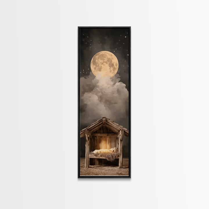 Nativity Moonrise – Framed Canvas Print – Narrow Art – Christian Christmas Art – Christian Art Canvas – Christian Wall Art – Christmas Art