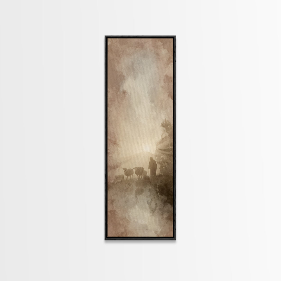 Dawn Of The Flock, Framed Canvas Print, Narrow Art, Christian Wall Art, Christian Art Canvas, Jesus Painting, Christmas Art