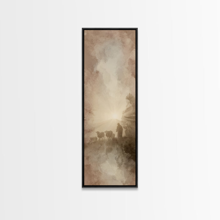 Dawn Of The Flock, Framed Canvas Print, Narrow Art, Christian Wall Art, Christian Art Canvas, Jesus Painting, Christmas Art